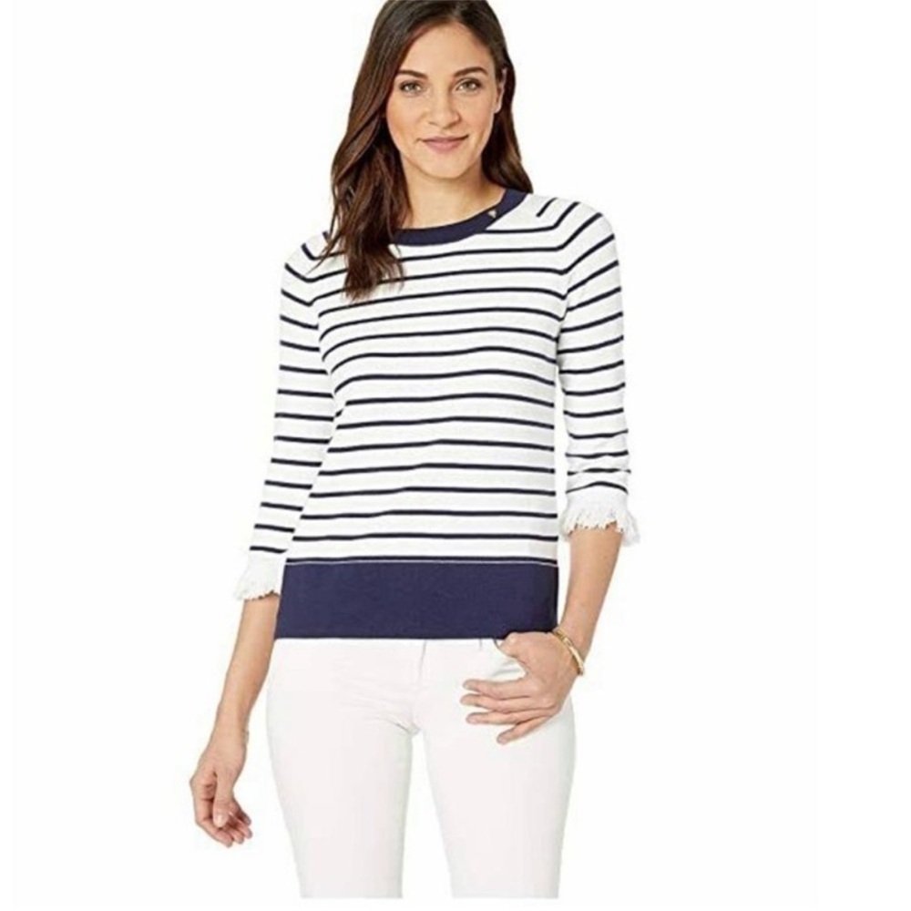Lilly‎ Pulitzer True Navy Dasha Stripe Sweater size M in GUc fringe sleeve